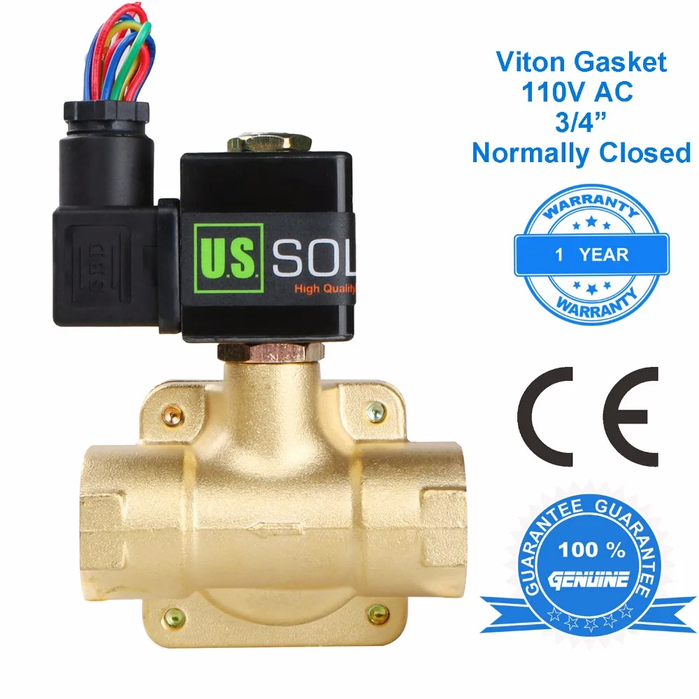 

U.S. Solid 3/4" Brass Electric Solenoid Valve 110V AC Normally Closed Viton Gasket Air, Gas, Fuel, Water, CE Certified