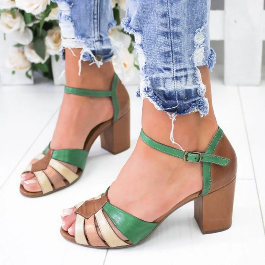 

Women's summer shoes Fashion Mixed Colors Open Toe High Heel ladies sandals Casual Square Heel Shoes sandalias mujer 2019