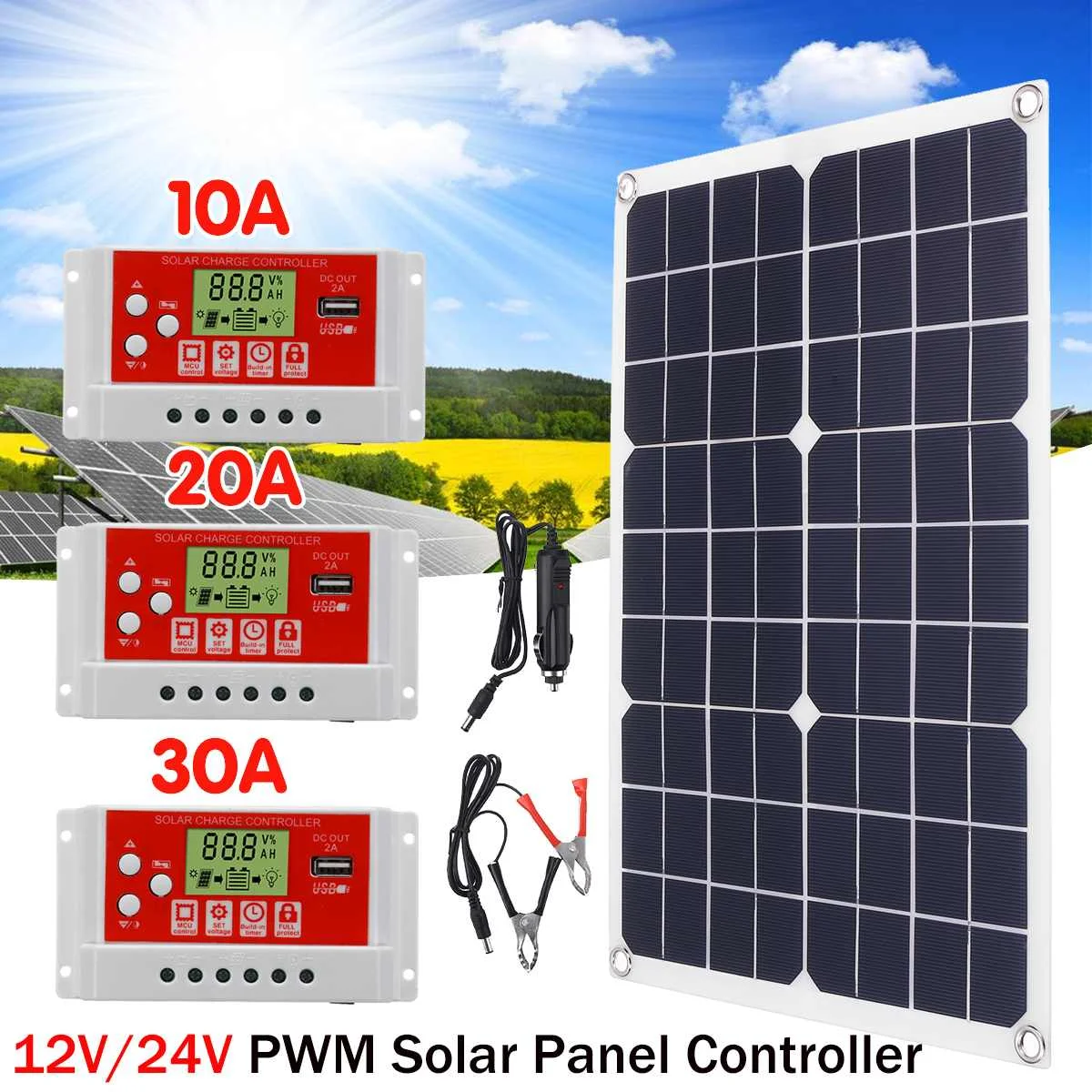 

Newest 10/20/30A Solar Charge Controller Dual USB LCD Display 12V 24V Auto Solar Panel 50W LCD Display PWM Solar Panel Regulator