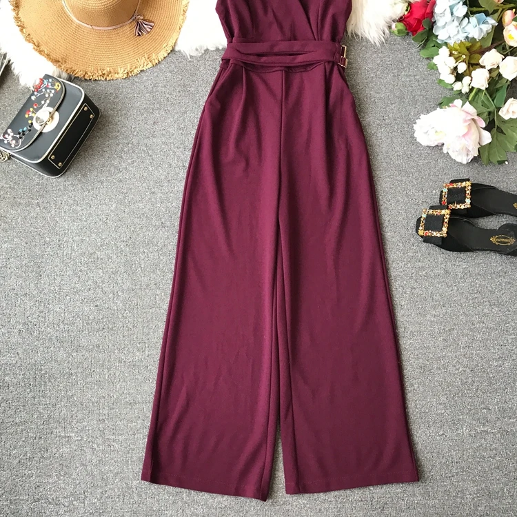 Sleeveless V-neck High Waist Sashes Wide Leg Jumpsuit