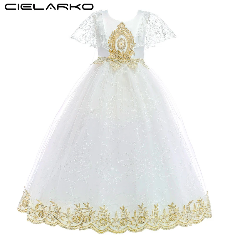 

Cielarko Long Dress for Girls Princess Elegant White Kids Wedding Party Dresses Formal Children Ball Gown Fancy Frock 4-13 Years