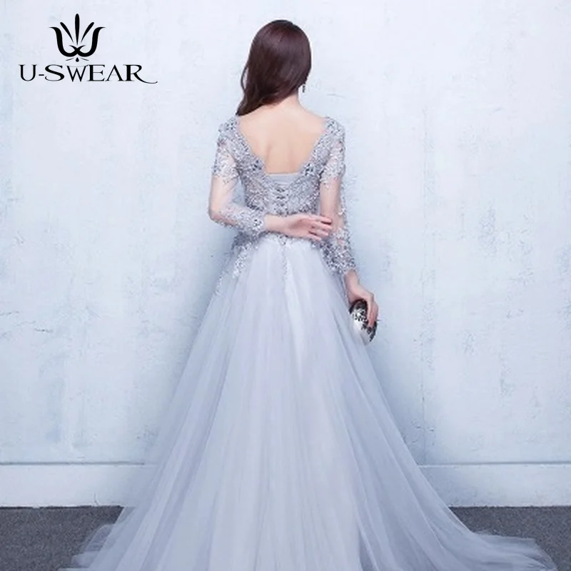 U-SWEAR Sexy Fashion Evening Dresses Long O-Neck 3/4 Sleeves Lace Appliques Court Train Formal Gown Party Dress Vestido De Festa