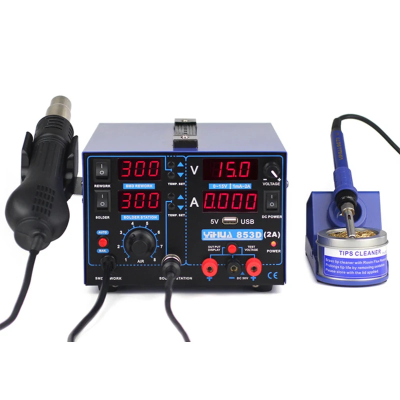 US $83.06 YIHUA 853D 2A Soldering Station 3IN1 SMD Soldering Iron Hot Air Gun With 15V 2A USB DC Power Supply BGA Welding Repair tools