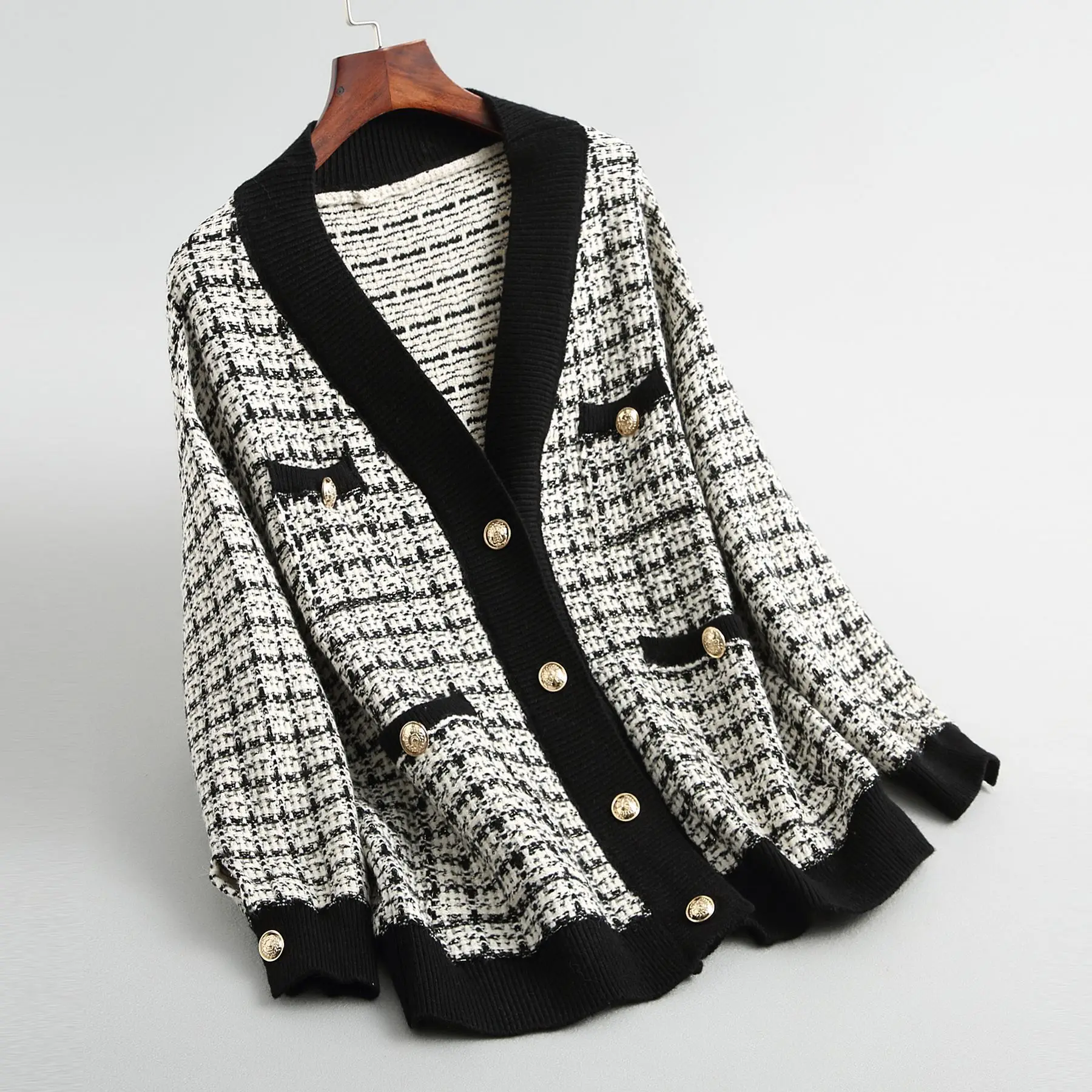 Autumn winter women kardigan sweater coat elegant knitted coat casual plaid cardigan pocket decoration hirka