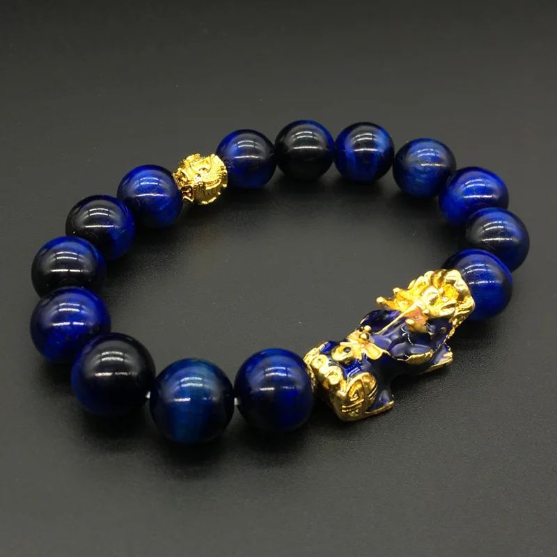 

High Quality Natural AAA Blue Tige 12mm Stone Golden Pixiu Charm Change Colour Bracelet Discoloration Pixiu Sand Gold Bracelet