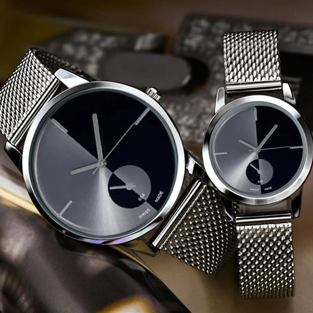 Мода нержавеющая сталь сетка Группа пара наручные часы любовника Простые повседневные часы-гаджет мужчины унисекс подарок