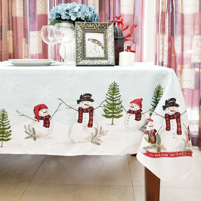 

Polyester Christmas Table Cloth Snowman Floral Leaves Cover Thanksgiving Tablecloth Manteles De Navidad Home Party Decor 152x259