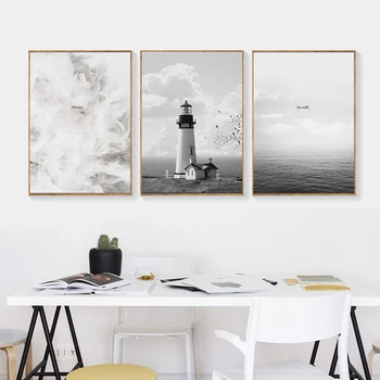 

Lighthouse Printed Canvas Paintings Home Decor Impressionist Feather and Sea Wall Pictures for Living Room Bedroom Wall Posters