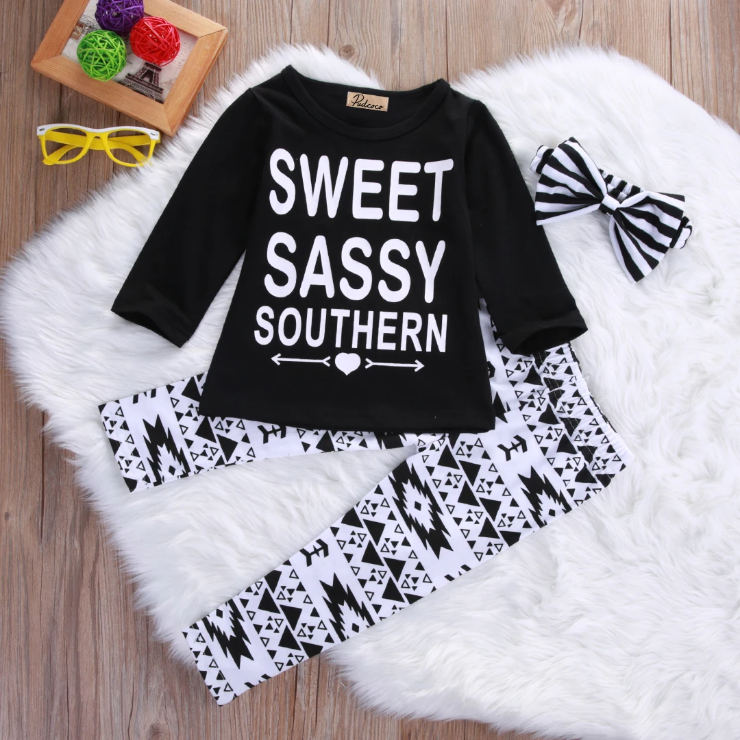 

Hot Fashion Baby Kids Girls Outfits Set Letters Long Sleeve T-shirt Tops Printing Pants Leggings Headband Clothes Set Kids Girl