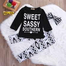 Hot Fashion Baby Kids Girls Outfits Set Letters Long Sleeve T-shirt Tops Printing Pants Leggings Headband Clothes Set Kids Girl