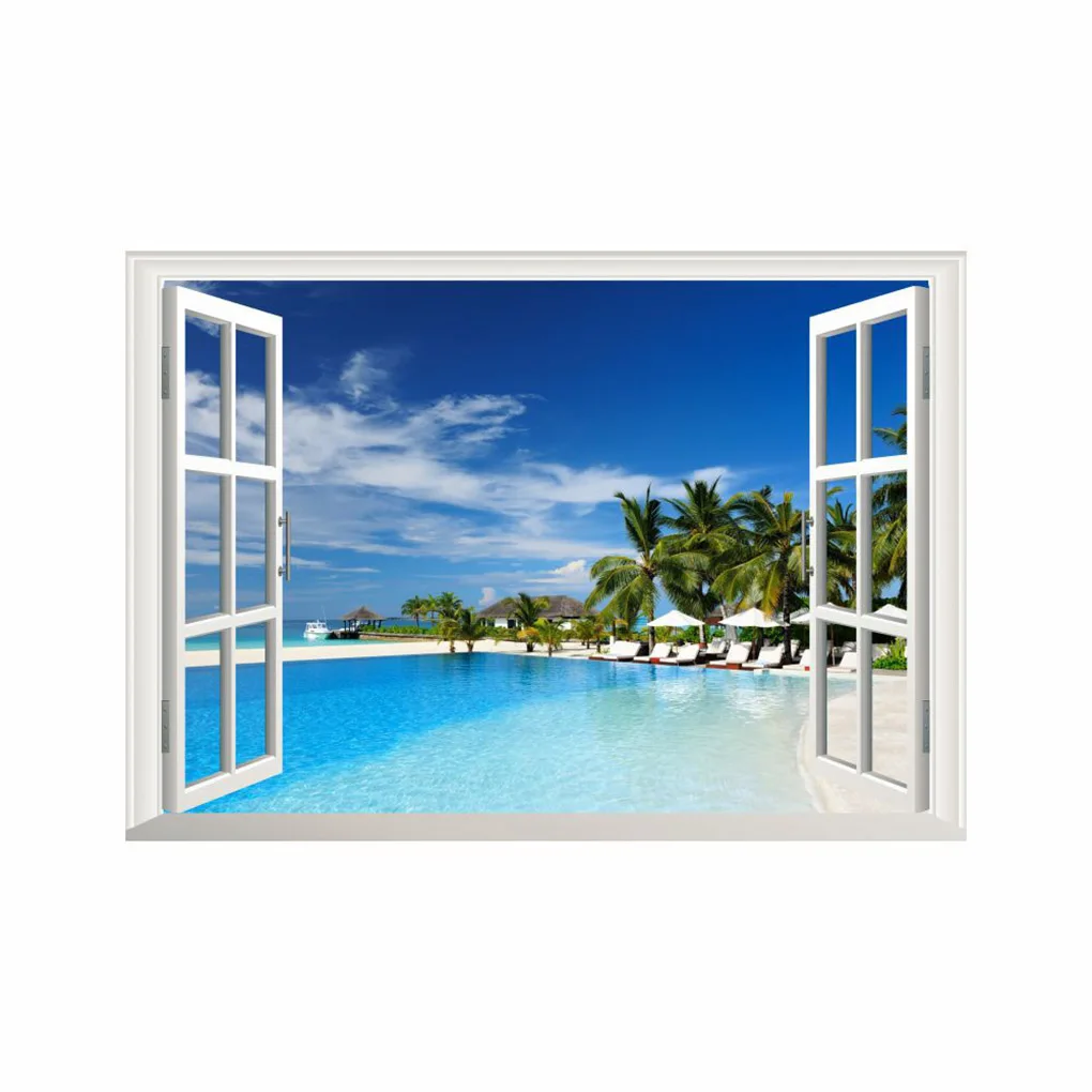 

3D Fake Window Beach Pattern Wallpaper Self Adhesive Mural Decal Art Wall Sticker Living Room Decor