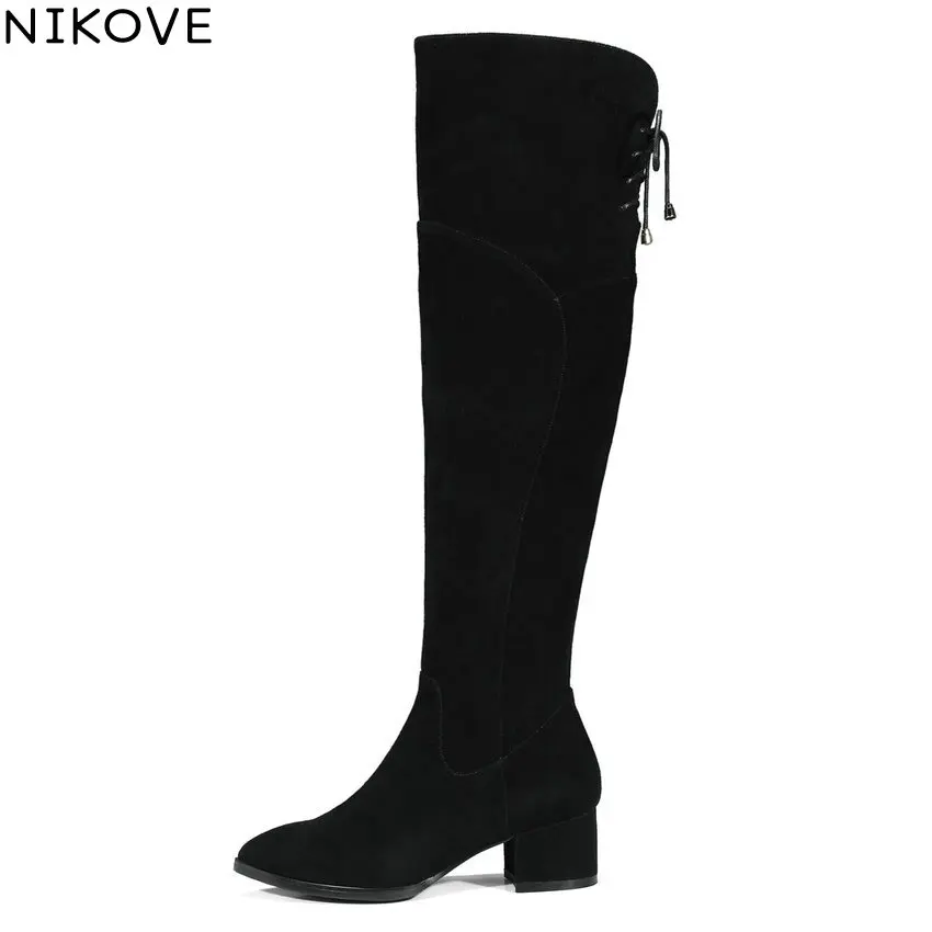 

NIKOVE 2018 Lace Up Women Snow Boots Warm Fur Over The Knee Boots Cow Suede+ Scrub Ladies Square High Heels Shoes Size 34-39