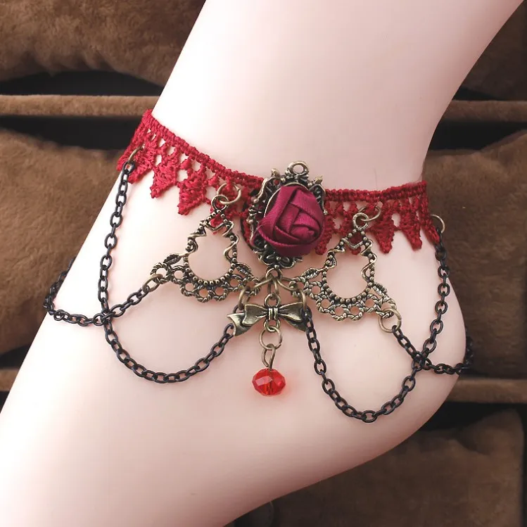 Hot Sale fashion wholesale Gothic jewelry boutique lace ankle feet decorate red bud flower vintage bow