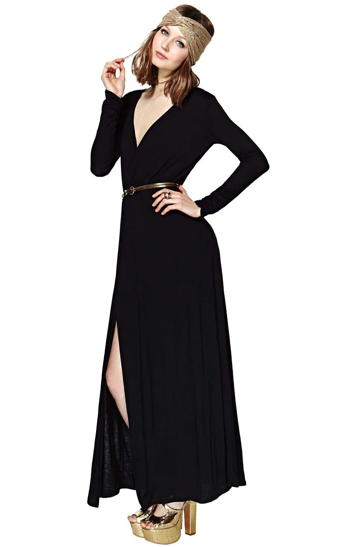 2017 New Fashion Design Split Deep V Neck Party Dresses Women Black 