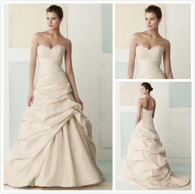 2014 Free Shipping Ivory Taffeta with Pleat Sweep Train Sweetheart Sleeveless Lace Wedding Dresses(1408) | Свадьбы и торжества