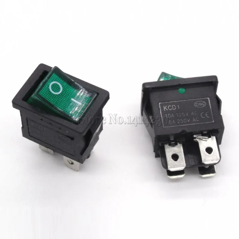 

10PCS Ship Type Switch Green Light 15*21mm 4PIN ON OFF Boat Rocker Switch 6A/250V 10A/125V LCD TV Power Switch 4 Contact Points