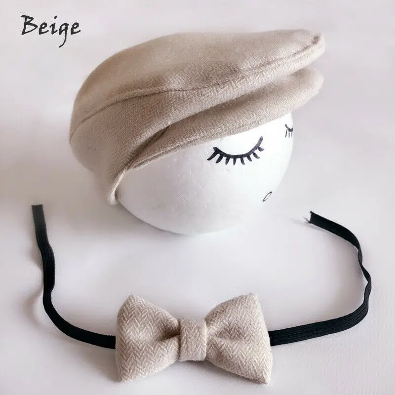 Pudcoco/Новая брендовая вязаная шапочка для малышей+ галстук-бабочка; комплект одежды для фотосъемки - Цвет: Бежевый