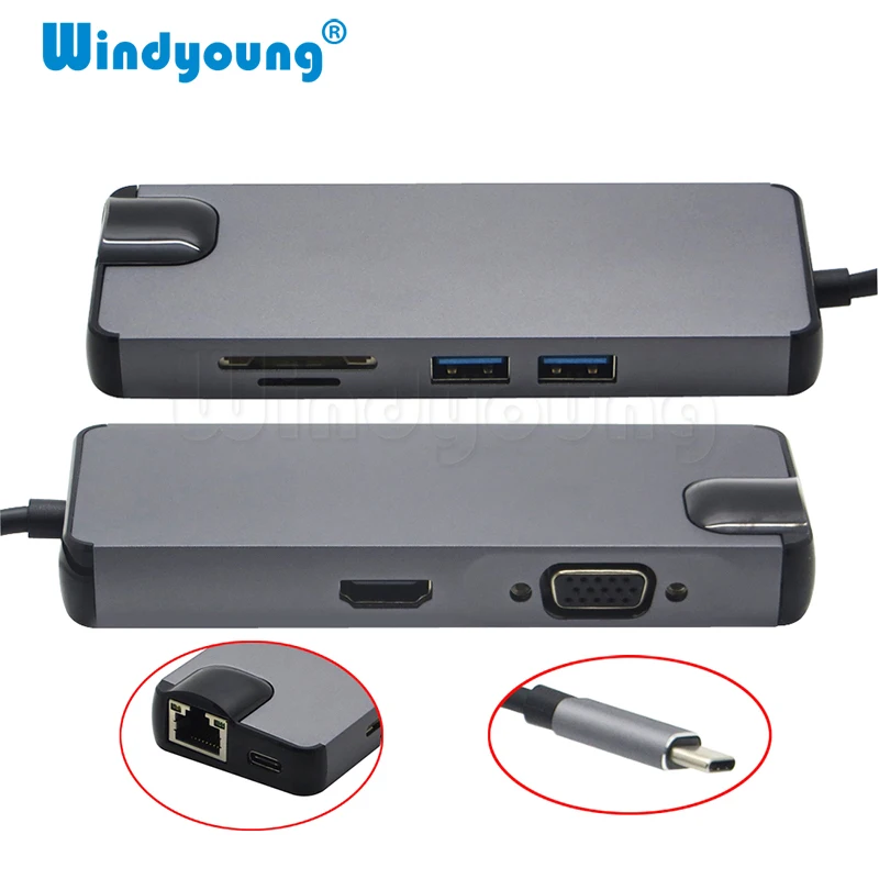 8 в 1 Тип C концентратор к видео HDMI 4k RJ45 Gigabit Ethernet адаптер VGA USB-C концентратора SD Card Reader для Macbook Pro huawei p20 pro