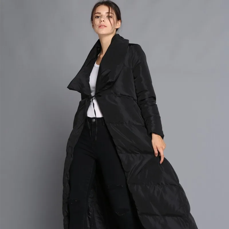 Лидирующий бренд, зимний пуховик для женщин, большой воротник с лацканами, модное пальто на завязках, Женская Толстая Супер длинная куртка, Европейское пальто