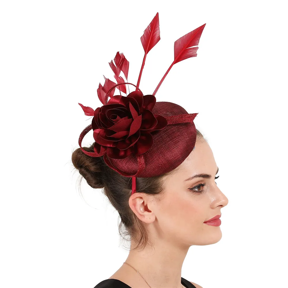 

4-layer linen Fascinators races Hat For Women Elegant female bow millinery Hat wine red Ladies Formal Wedding dinner Gorgeous