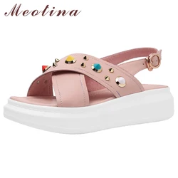 Meotina Summer Sandals Women Shoes Natural Genuine Leather Rivets Flat Platform Shoes Sheepskin Buckle Open Toe Sandals Lady 39 Meotina Summer Sandals Women Shoes Natural Genuine Leather Rivets Flat Platform Shoes Sheepskin Buckle Open Toe Sandals Lady 39