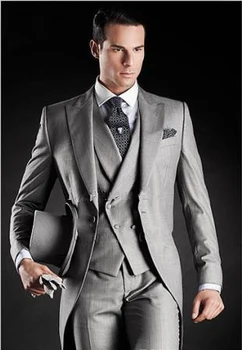 Ceny 2016-beautiful Brilliant Light Grey Rano Blazer Groom Smokingi ślub/firm/formalne Garnitury Party Dress (kurtka + Spodnie + Kamizelka + Krawat