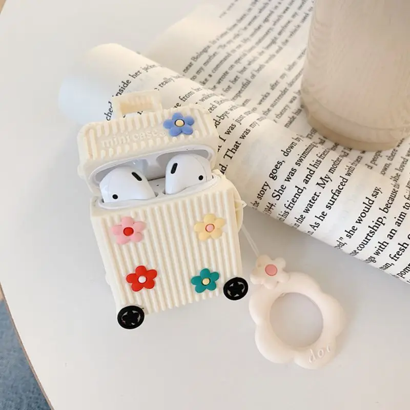 Beautiful Flower Suitacese Pattern Soft Silicone Protective Cover Shockproof Case Skin with Lanyard for Airpods 1/2 Charging Box