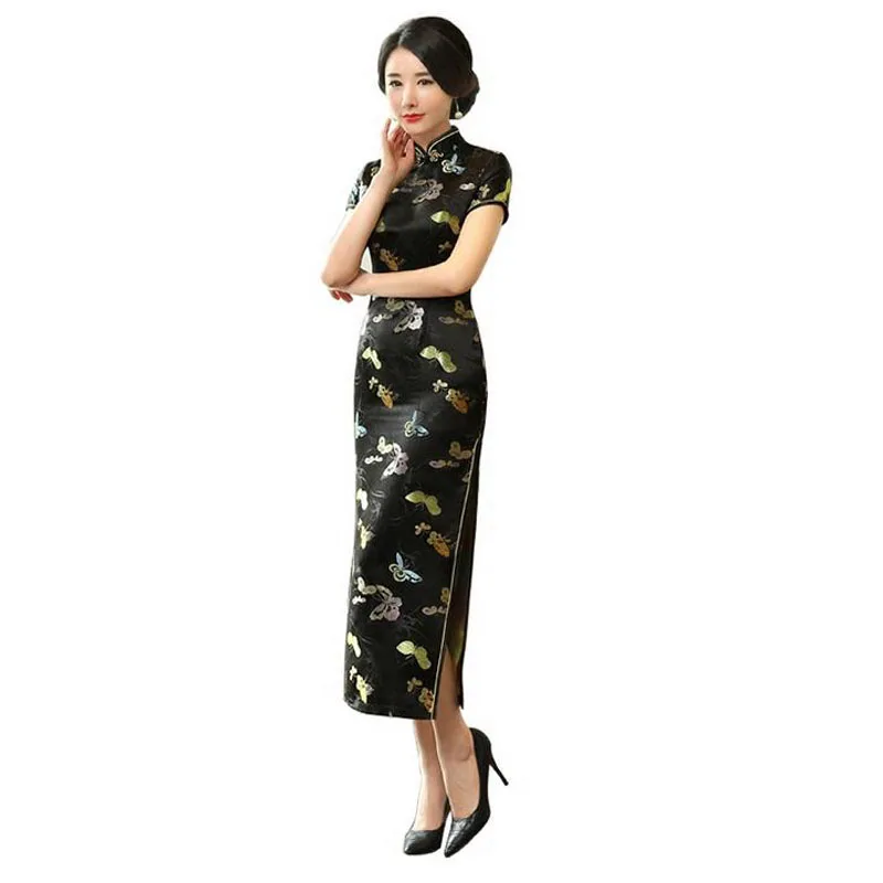 

New Arrival Black Vintage Chinese Traditional Party Dress Women's Satin Silk Long Cheongsam Qipao Flower Tang Clothing S-XXXL