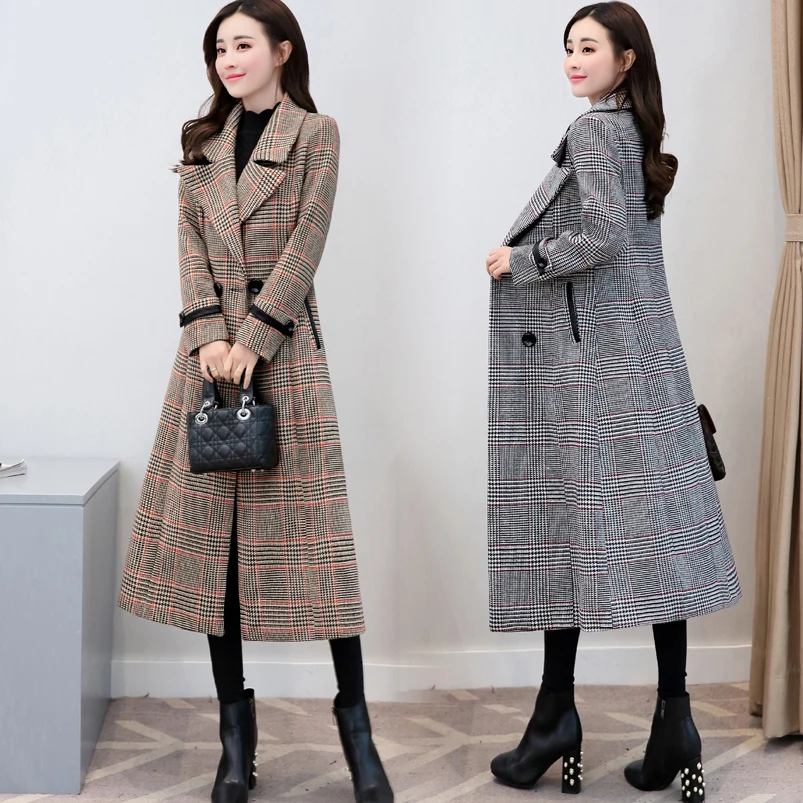 

2019 spring and autumn new ladies fashion temperament long plaid woolen coat