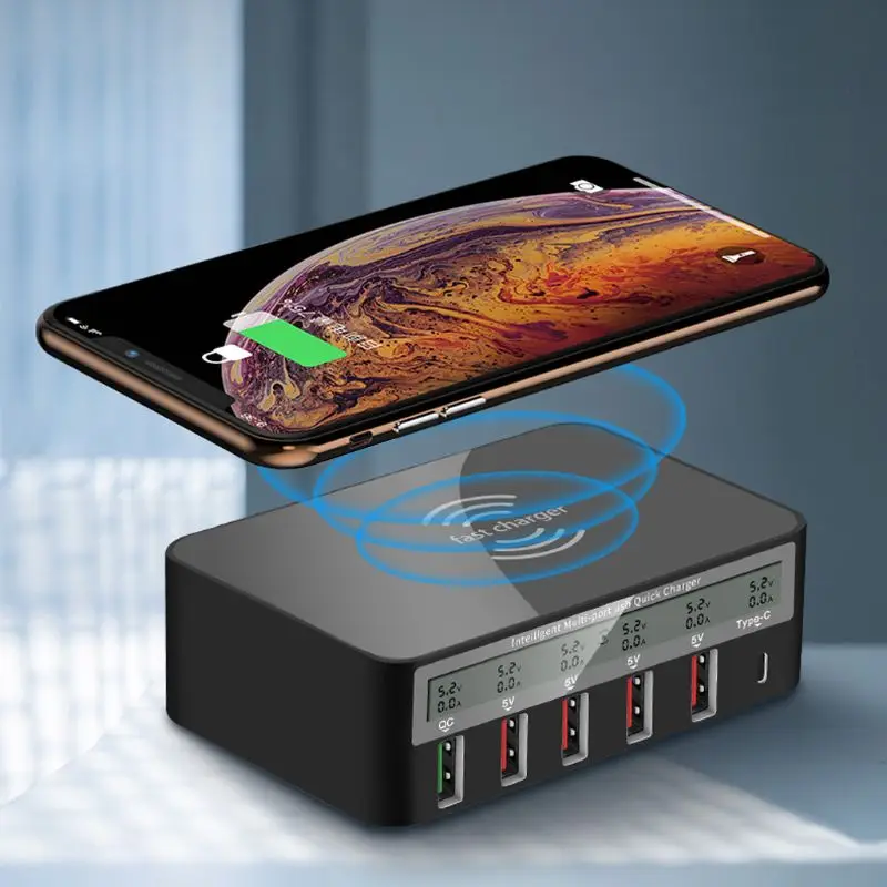 Universal Type C Qi Wireless Charger 5 USB Ports QC 3.0 Fast Charger USB Charging Station Dock LCD Voltage Current Display