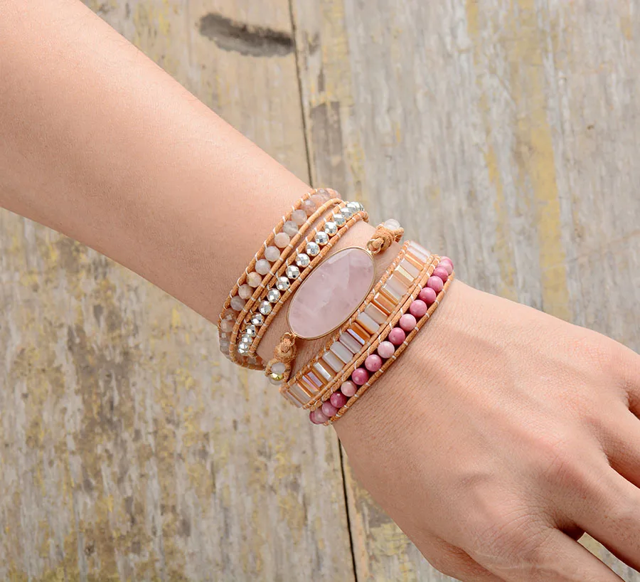 Women Beads Leather Bracelet Natural Stones Pink Quartz Crystal 5 Strands Woven Wrap Bracelets Bohemian Bracelet Dropship - Image 4