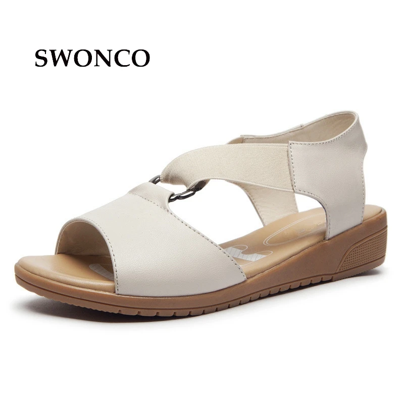 

SWONCO Women's Sandals 2018 Summer Genuine Leather Mother Shoes Sandals Women Beach Casual Shoes 3cm Low Heel Ladies Footwear