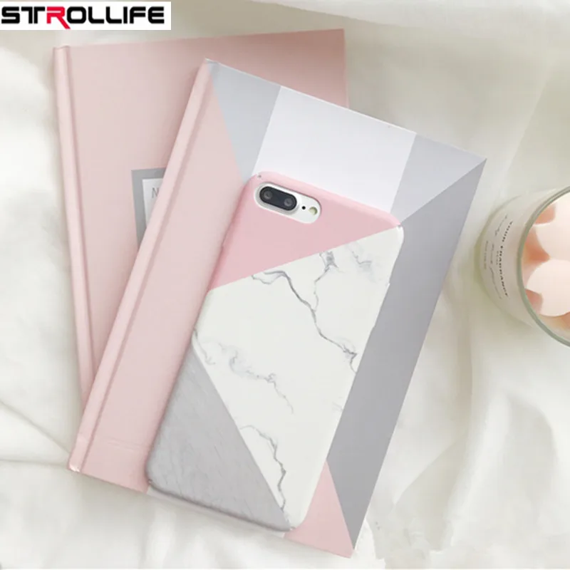 

STROLLIFE Geometric Splice Marble Phone Case For iPhone 8Plus case Frosted Hard Full Cover Capa For iPhone X 6 6s 7 8 Plus Coque