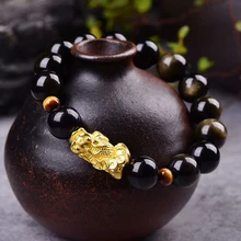 Золотистый и черный Природный камень обсидиан Браслеты круглых бусин с 3D Pixiu браслет удачи для влюбленных подарок ювелирные изделия