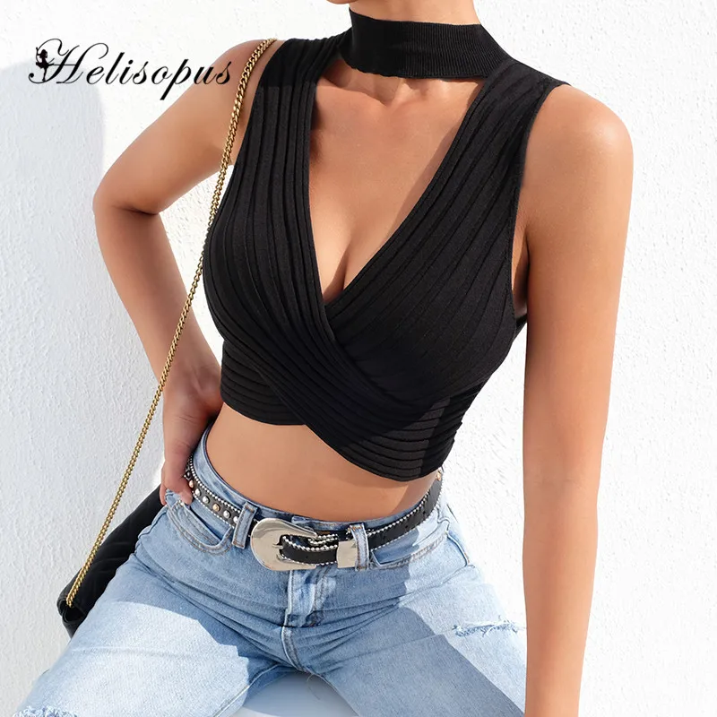 

Helisopus Sexy Bandage Crop Top Women Sleeveless Hollow Out Slim Tank Tops Female Elastic Party Tees Shirt Streetwear