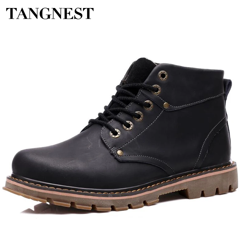 Tangnest/мужские однотонные ботильоны на меху в стиле пэчворк; Мужская Винтажная обувь из натуральной кожи; мужские безопасные ботинки на шнуровке; XMX654