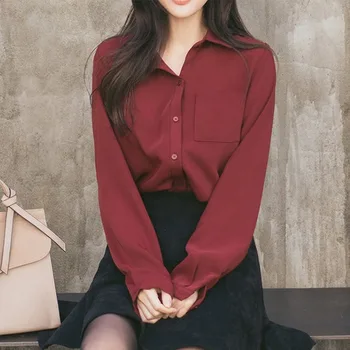 

Women's Shirts Blouses Long Sleeve Turn-Down Collar Solid Ladies Blouse Tops OL Office Style Clothing