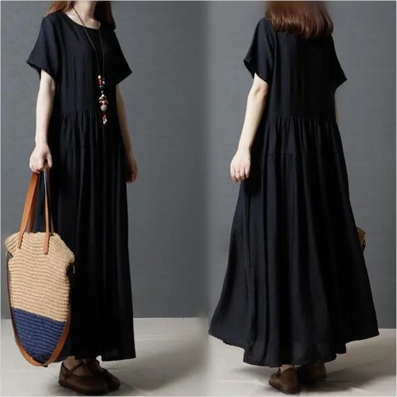

2019 New summer dress loose large size Vintage Style Cotton Linen Fold women long Dress
