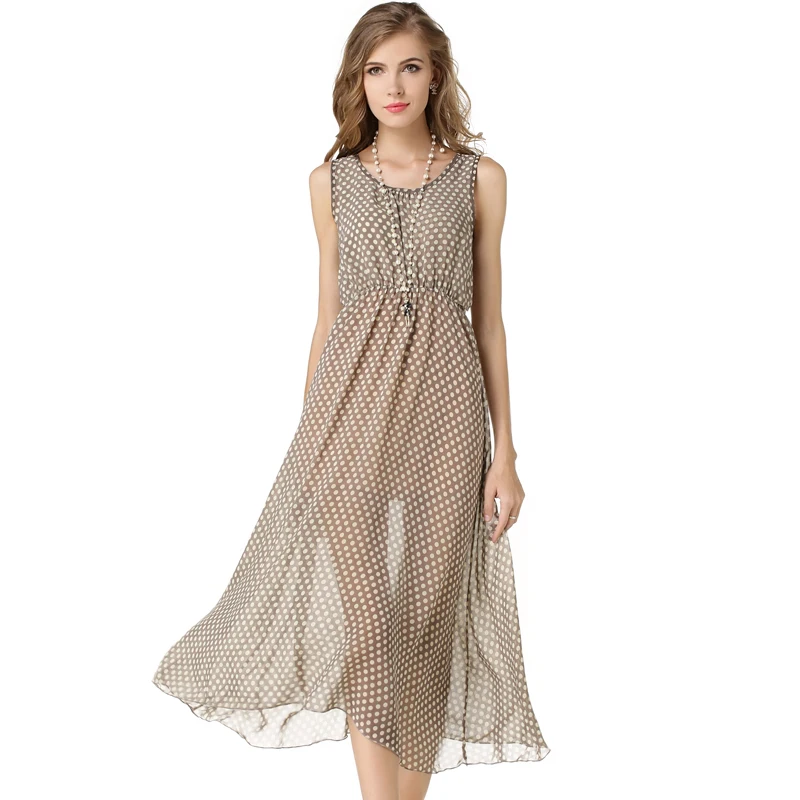 2017 summer long длина пляж dress рукавов свободные sute точка напечатаны тонкие платья о шеи