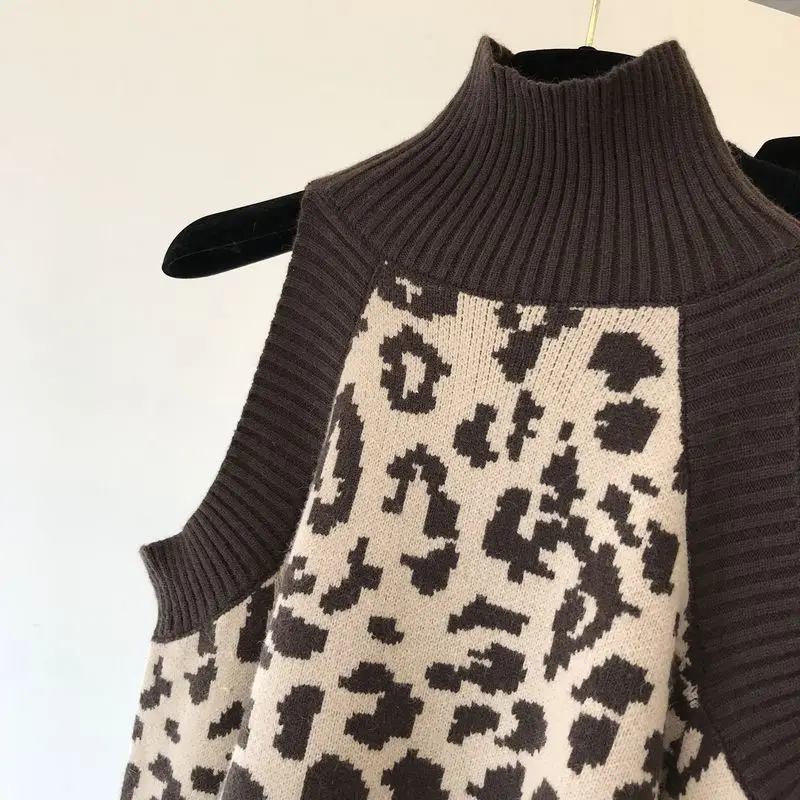 Amolapha Женский вязаный свитер с леопардовым принтом, с открытыми плечами, джемпер, топы, женские модные свитера, костюмы