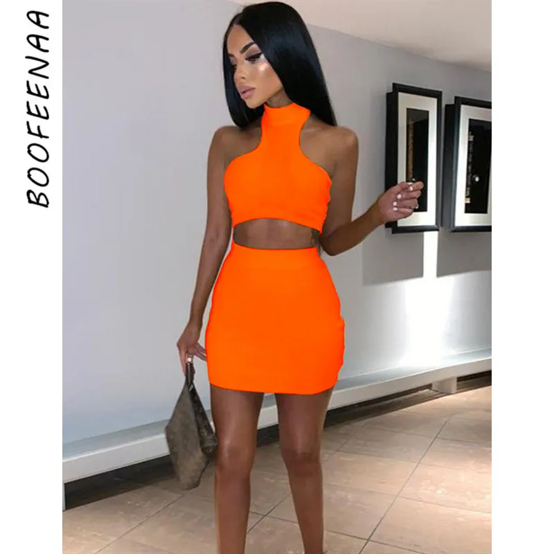

BOOFEENAA Sexy Bodycon Two Piece Set Crop Top and High Waist Skirt Neon Green Orange Night Out Club Outfits Summer C83-AZ48