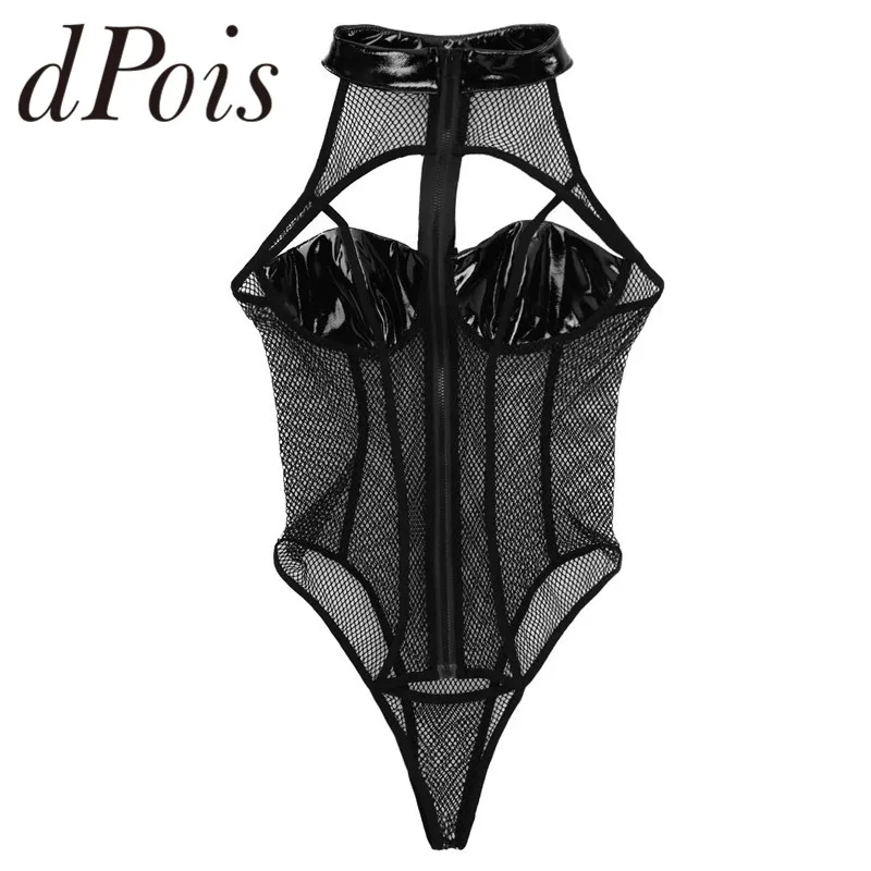 

Sexy Women PU Leather Bust Fishnet See Through Patchwork Lingerie One Piece Night Clubwear Sleeveless High Cut Teddy Bodysuit