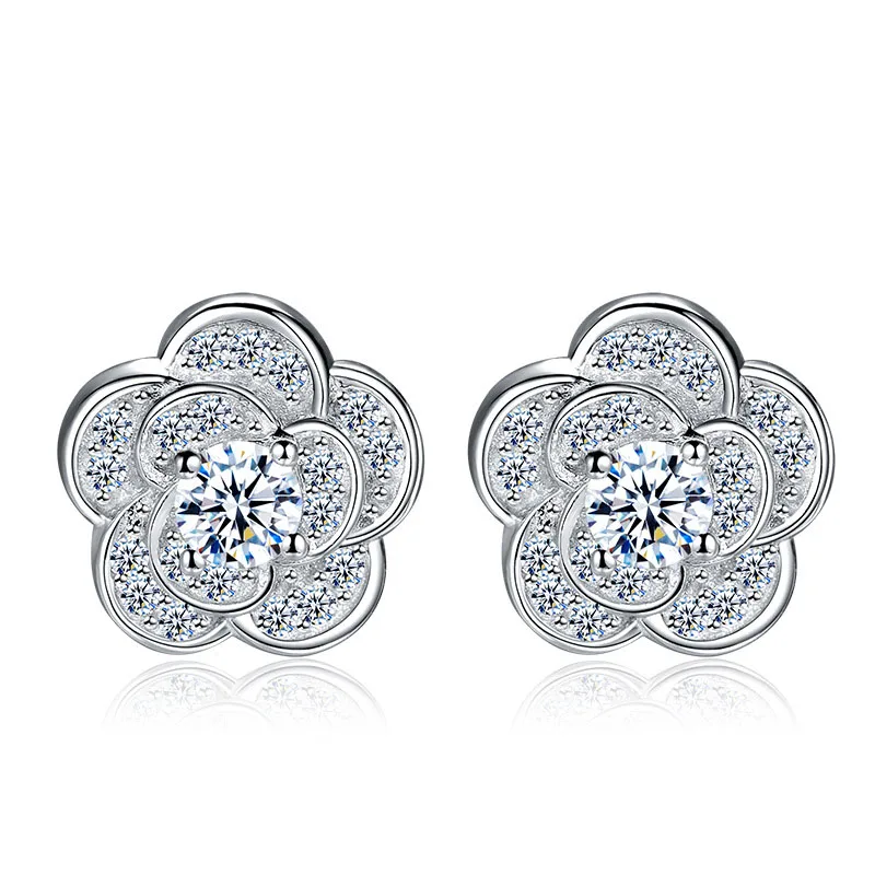 

Romantic Brincos 925 Sterling Silver Cubic Zirccoina CZ Crystal Rose Flower Stud Earrings for Women Wedding Ear Jewelry