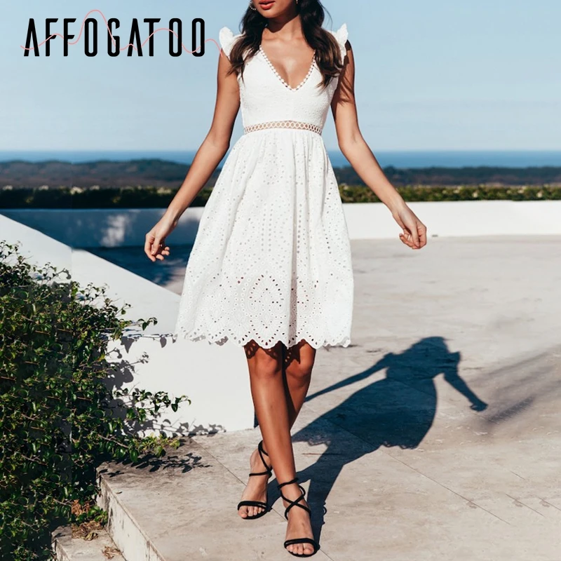 Afogatoo винтажное сексуальное Белое летнее кружевное платье для женщин с открытой спиной, с вышивкой, хлопковое платье, вечерние женские платья средней длины