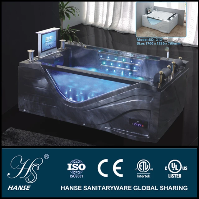 HS B313 cloud black massage bathtub with LED light,air bubble control,heater