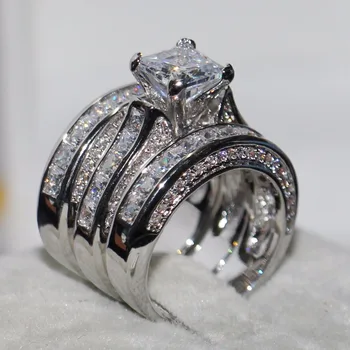 

2018 Top Selling Hot Luxury Jewelry 925 Sterling Silver Filled Princess Cut White 5A Zirconia 3 IN 1 Women Wedding Ring Set Gift
