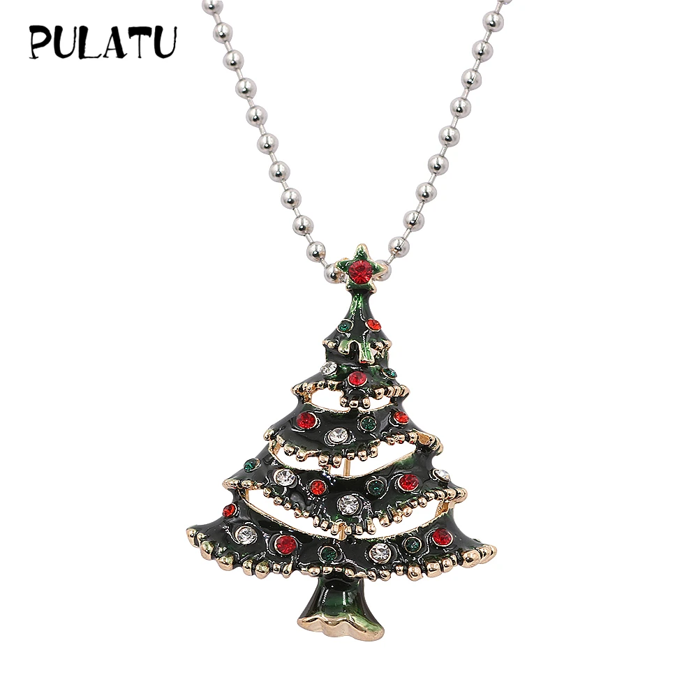 PULATU Christmas Tree Necklace for Women Green Enamel Alloy Metal