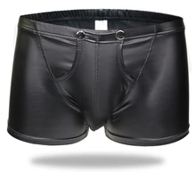 Plus Size Sexy Men Boxers Open Crotch Faux Leather Lingerie Stage U Convex Pouch Black Patent Leather Boxers Shorts Underwear openwork color block u pouch boxers brief