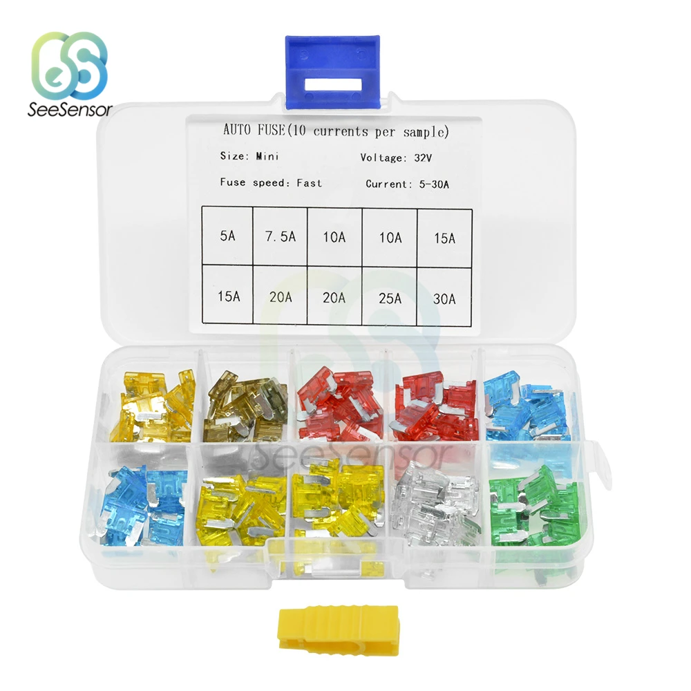 

100pcs Mini Blade Fuse Zinc Alloy and Plastic Material 5A 7.5A 10A 15A 20A 25A 30A AMP Set with Box Clip For Auto Car Truck