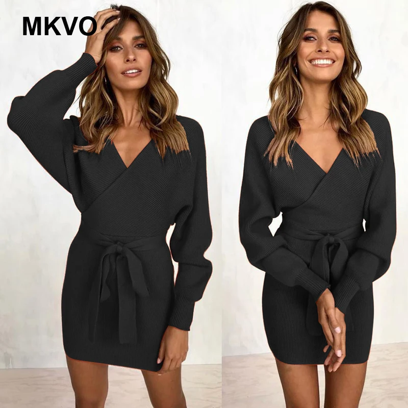 

New Women dress 2019 knitted mini bandage dress winter Cross V-neck spring ladies sexy green sweater dress long sleeve vintage